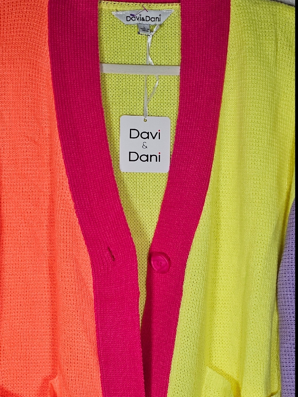 DAVI & DANI Neon Colorblock Cardigan - Hot Pink, Neon Yellow, Coral, Lilac - Picture 3 of 5